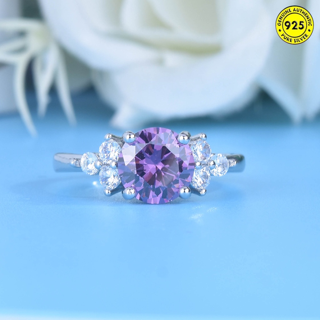 Cincin Bahan Sterling Silver 925 Hias Berlian 1 Karat Warna Ungu Untuk Wanita