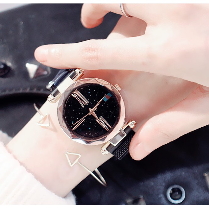 Jam Tangan Wanita Magnet Mesh Strap Quartz Starry Night Sky Stainless Steel Analog Women Watches