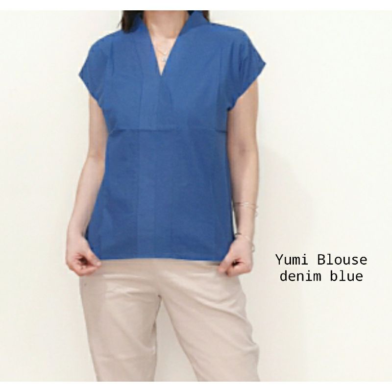 Blouse Atasan Wanita Lengan Pendek Katun Uniqlo, Yumi Blouse#-Yumi Denim Blue