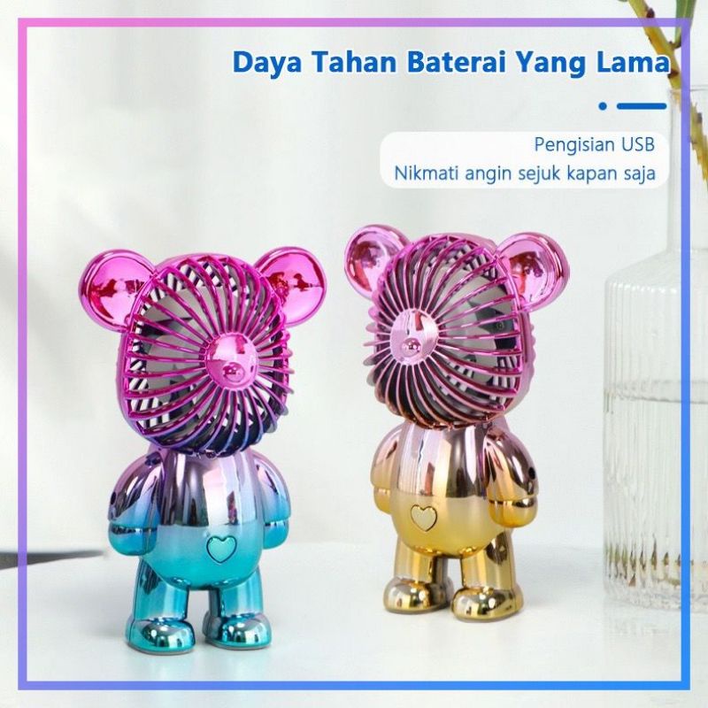 ￼Kipas Angin Mini Portable Karakter Bearbrick Meja USB Cas 3 Pengaturan Kecepatan Bentuk Beruang Alas Anti Selip Bagian Bawah BONEKA