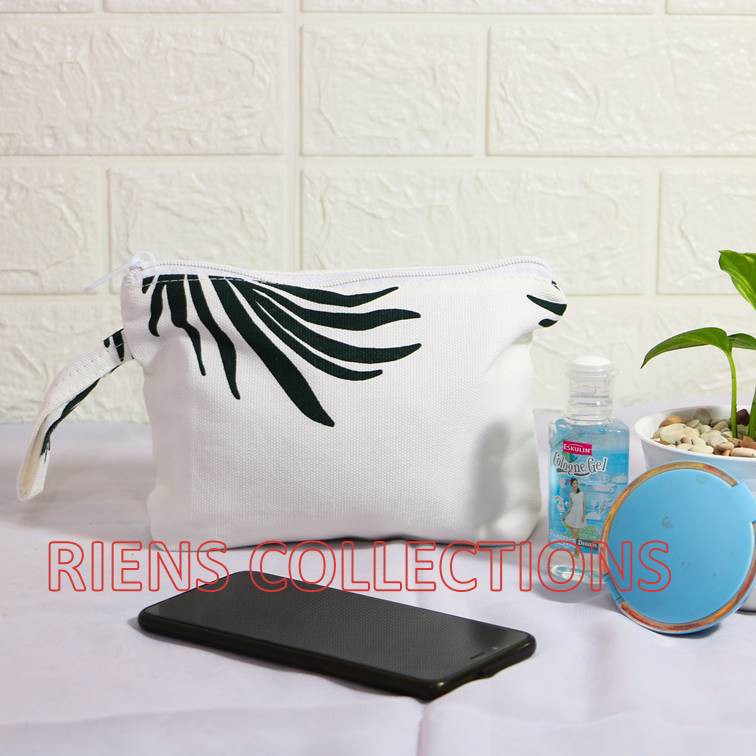 RIENS COLLECTIONS. DOMPET KANVAS POUCH KANVAS MOTIF DAUN KELAPA. TEMPAT PENSIL KANVAS