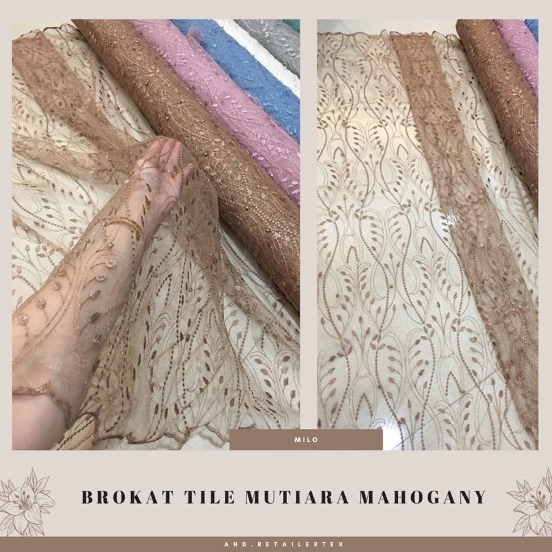 Kain Bahan Kebaya Brokat Tile Mutiara Mahogany Warna Coklat Milo
