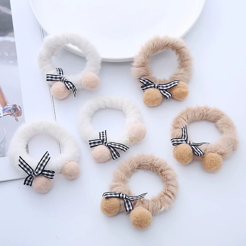 K252 karet ikat rambut bulu pom pom lucu imut import korea