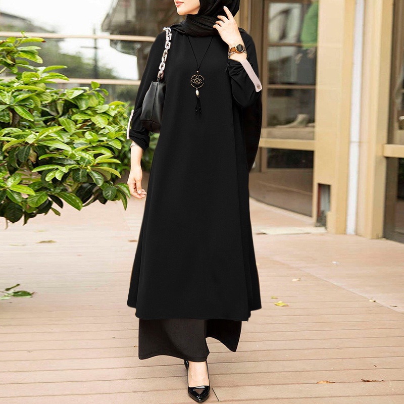 ZANZEA Women Casual Solid O Neck Long Sleeve Button Cuffs Split Hem Muslim Maxi Dress