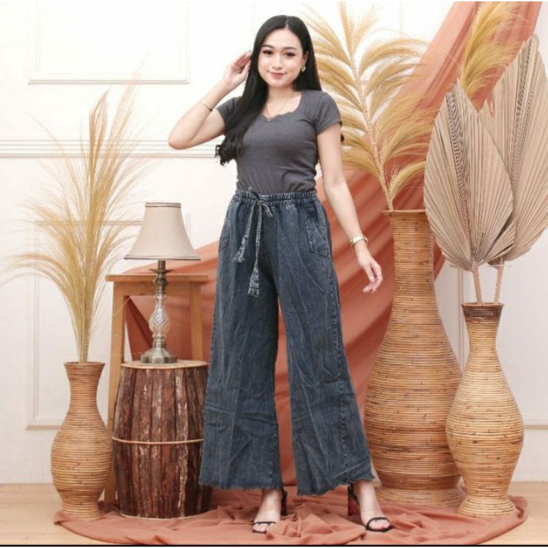 Jeans kulot rawis - kulot Jeans tali pinggang - allsize fit xl - pinggang karet - bahan denim