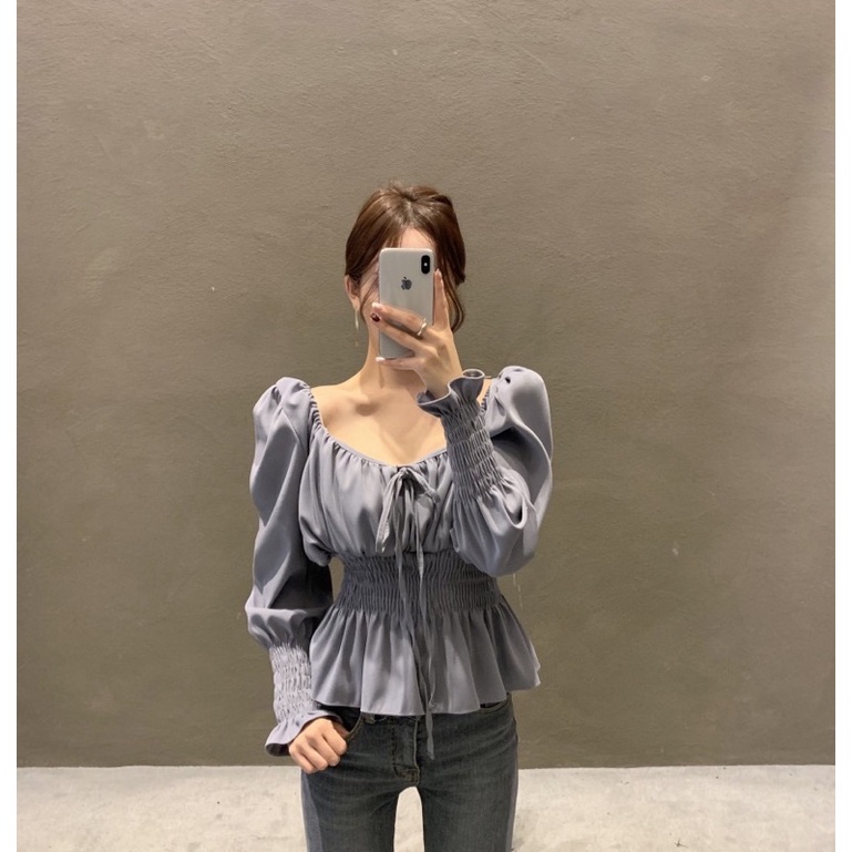 baju wanita import [ROSA]Blouse wanita lengan panjang kerut lengan balon Korea Style