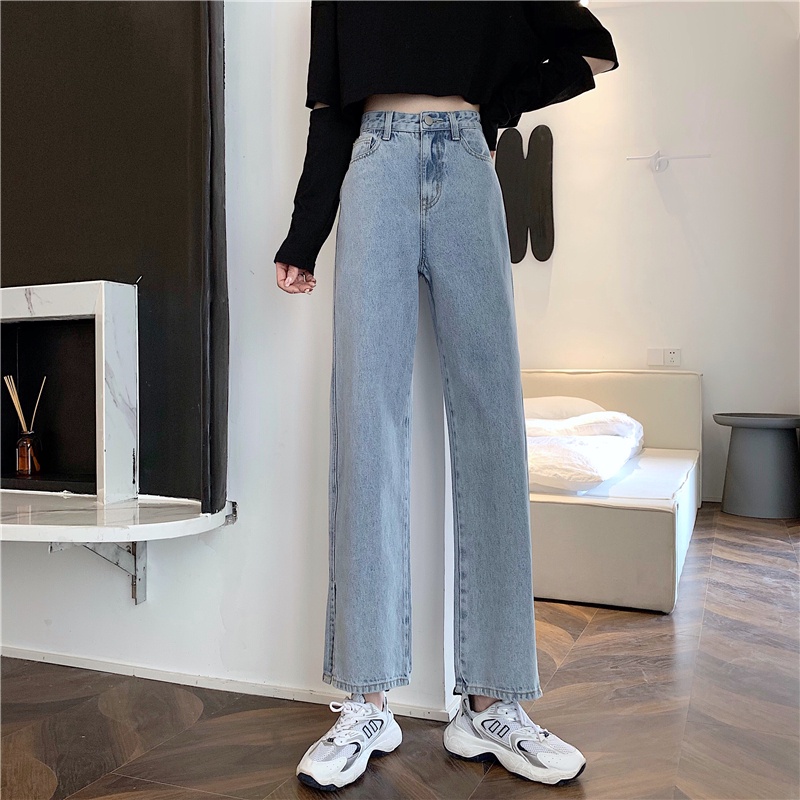 yikoo-Celana Panjang Model High Waist Bahan Jeans Split Garpu Untuk Wanita Pants