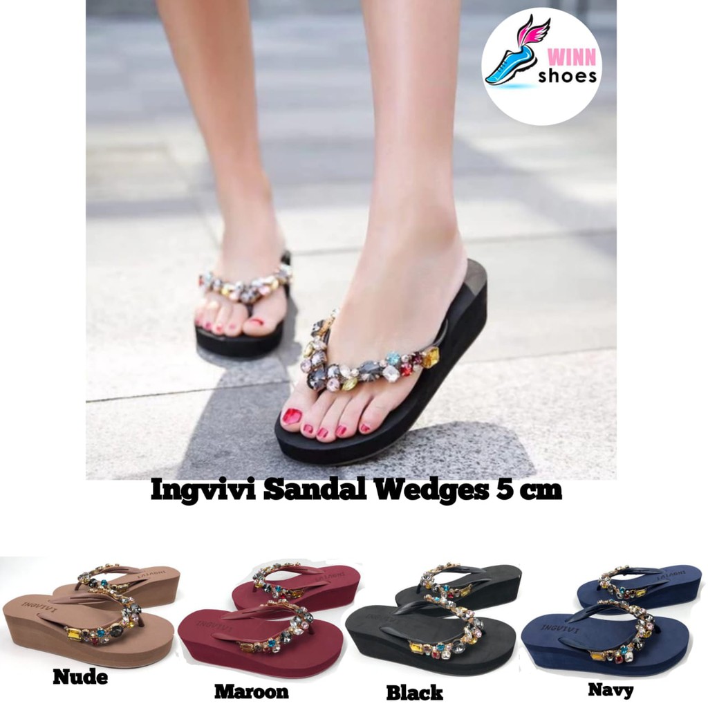 Ingvivi Swarovski wedges bulat 5cm 779 Sandal Wanita Wedges Import Terbaru Korea Jepit Tinggi 5cm Manik Motek