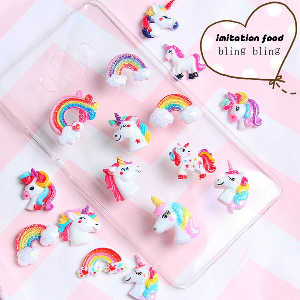 (Tk) 1pc Cabochon Flat Back Bahan Resin Desain Unicorn + Pelangi Untuk Aksesoris Rambut / Scrapbook Diy