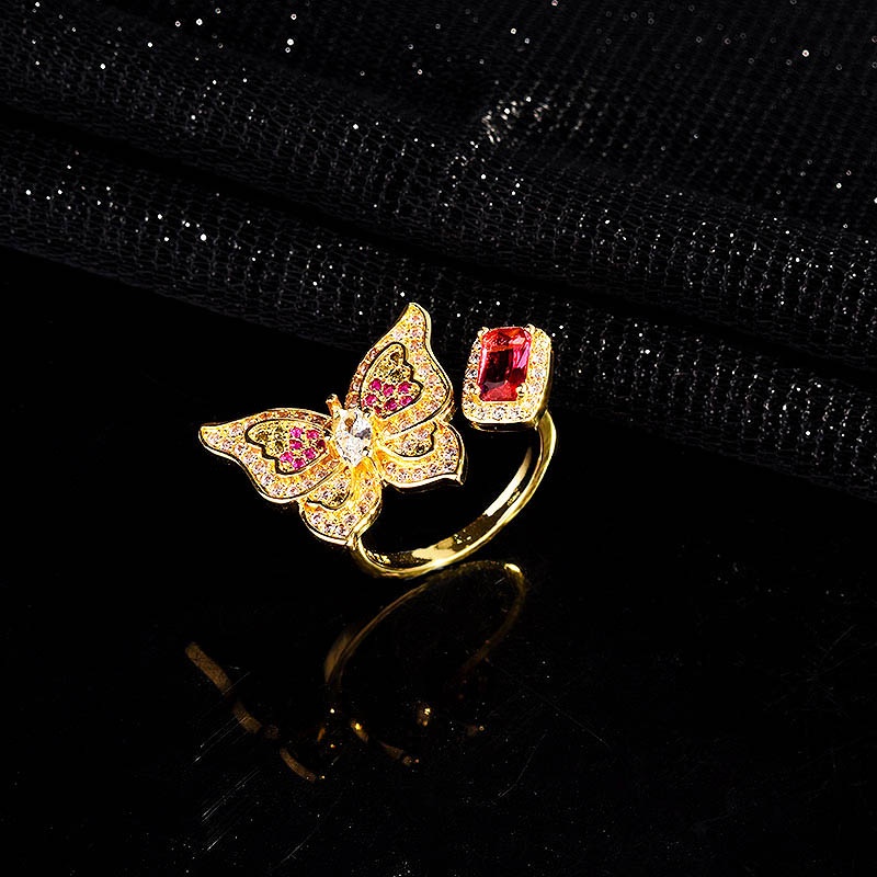 Cincin Lapis Emas Emas Asli Kadar 375Desain Kupu-Kupu Hias Rubi Berlian Untuk Wanita Butterfly