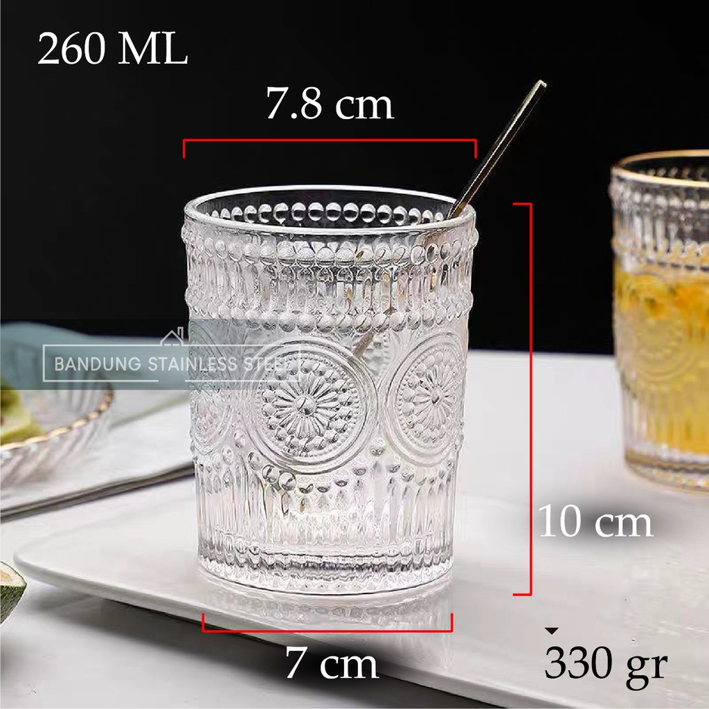 Vintage Retro Gelas Kaca Kristal Gelas Estetik Aesthetic Unik Cantik Drinking Glass motif timbul-260ml