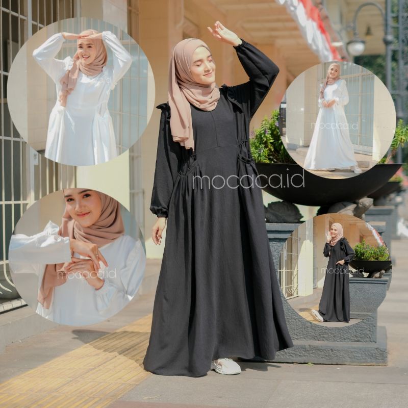 dress putih tulang hitam crincle premium renda dada busui friendly model rok payung sleting depan adem tidak menerawang gamis elegan