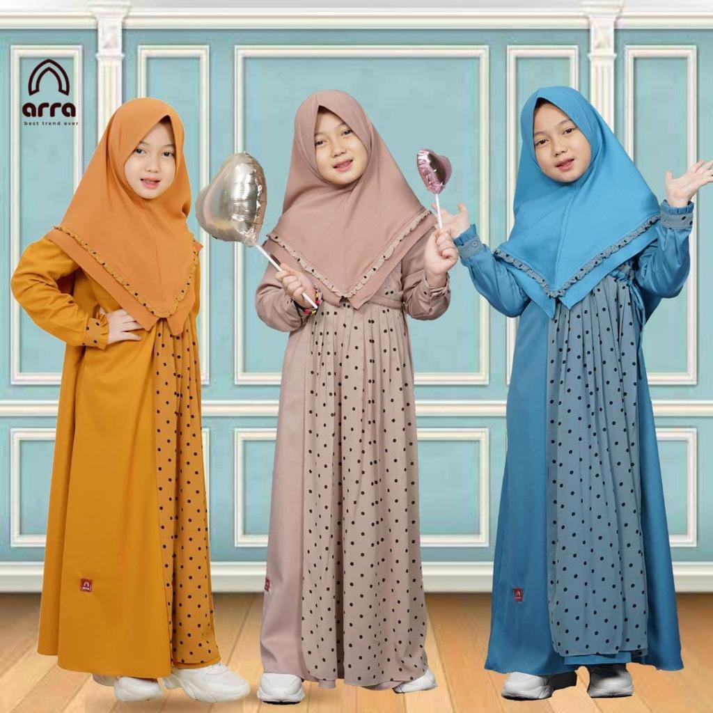 Baju Gamis Syari Baju Couple Syar'i Gamis Arra Ibu Dan Anak Cewek Perempuan Balita Gadis Tanggung Sekolah TK SD SMP Umur 2 3 4 5 6 7 8 9 10 11 12 Thn Motif Polkadot Warna Kuning Coklat Biru Fashion Wanita Muslimah Dres Pesta Kondangan Trendy Busui Lebaran