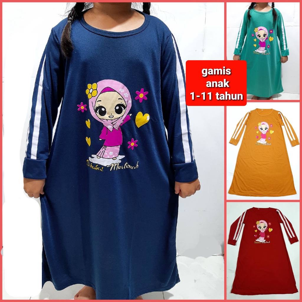 gamis anak 1- 11 tahun muslim perempuan baju kaos lengan panjang cewek sahabat muslimah grosir murah