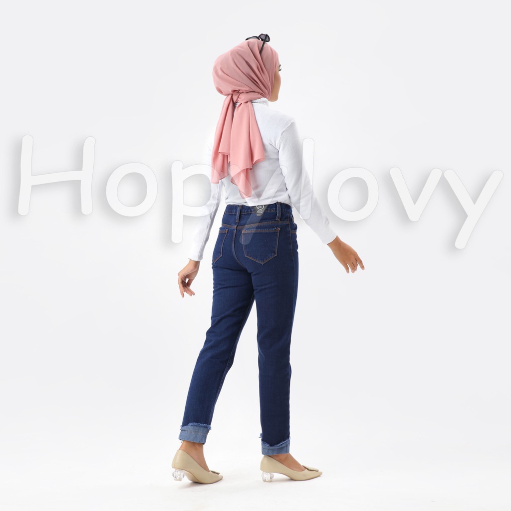 HOPYLOVY - Celana Boyfriend Jeans Wanita Model Rolled Up Rosetta