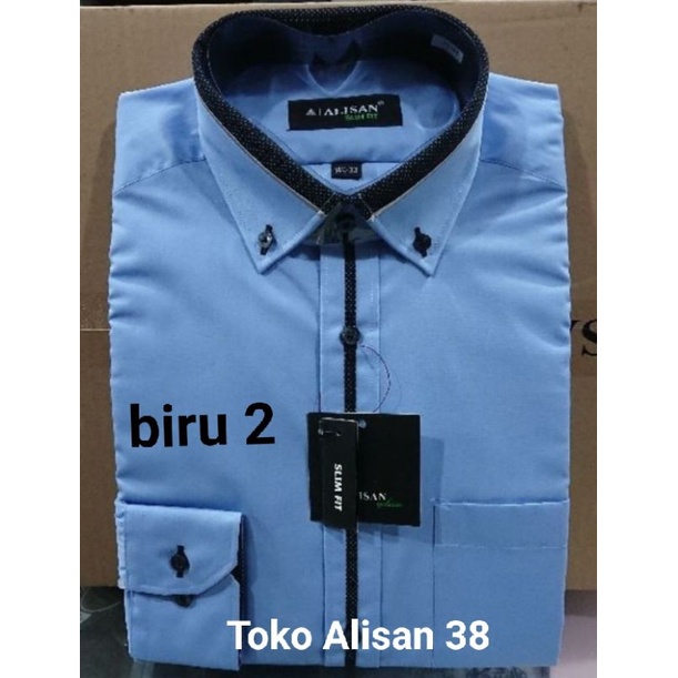 Kemeja Alisan SLim Fit Lengan Panjang List Tengah Warna Biru 2