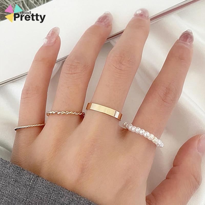 Korea Wanita Mutiara Cincin Wanita Emas Cincin Logam Set Fashion Perhiasan Aksesoris - PD