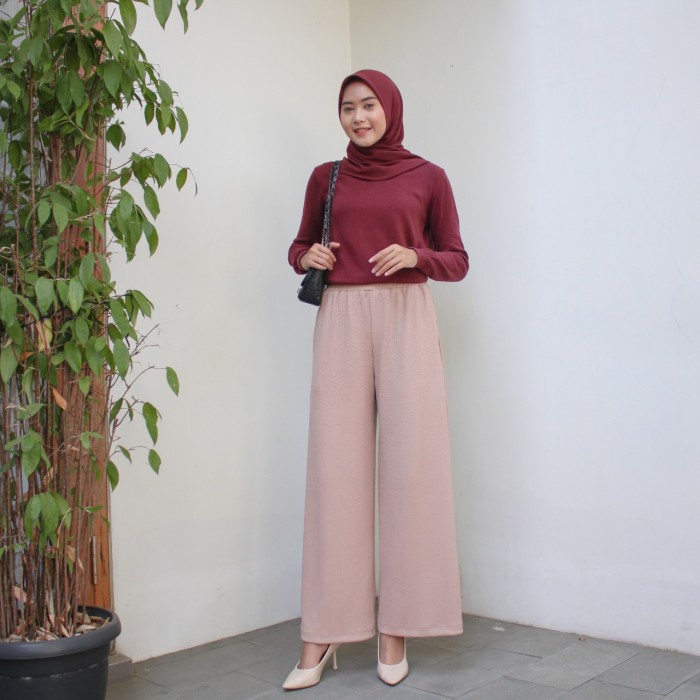 Promo Aqila Kulot | Celana Kulot Panjang Wanita Bahan Lemon Knit - Nude Elegan