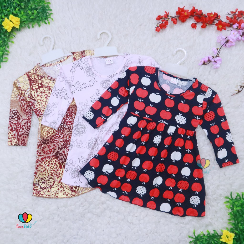 Dress Azizah uk 1-5 Tahun / Baju Tidur Harian Perempuan Kids Motif Adem Dres Anak Lengan Panjang