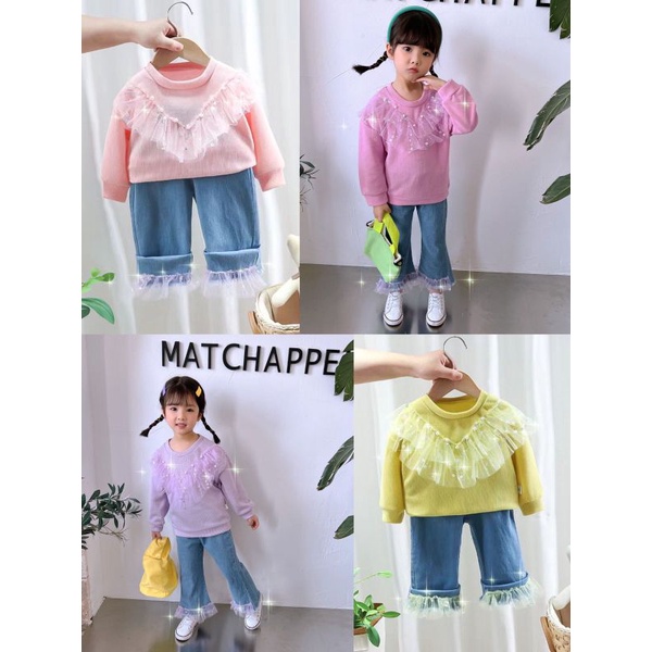 Set Jeans Kaijili Sweater Rajut Import Anak Perempuan 1-5 Tahun