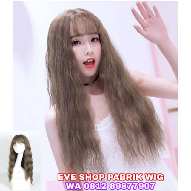 WIG WANITA CEWEK PANJANG CURLY OMBAK KERITING WAVE WIG KOREA NATURAL PONI DEPAN ABU-ABU