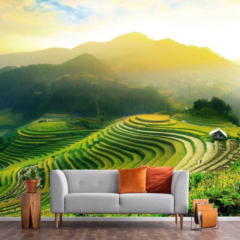 photowall Mural Dinding Wallpaper Mural Motif Pemandangan Pegununga Hijau 3D