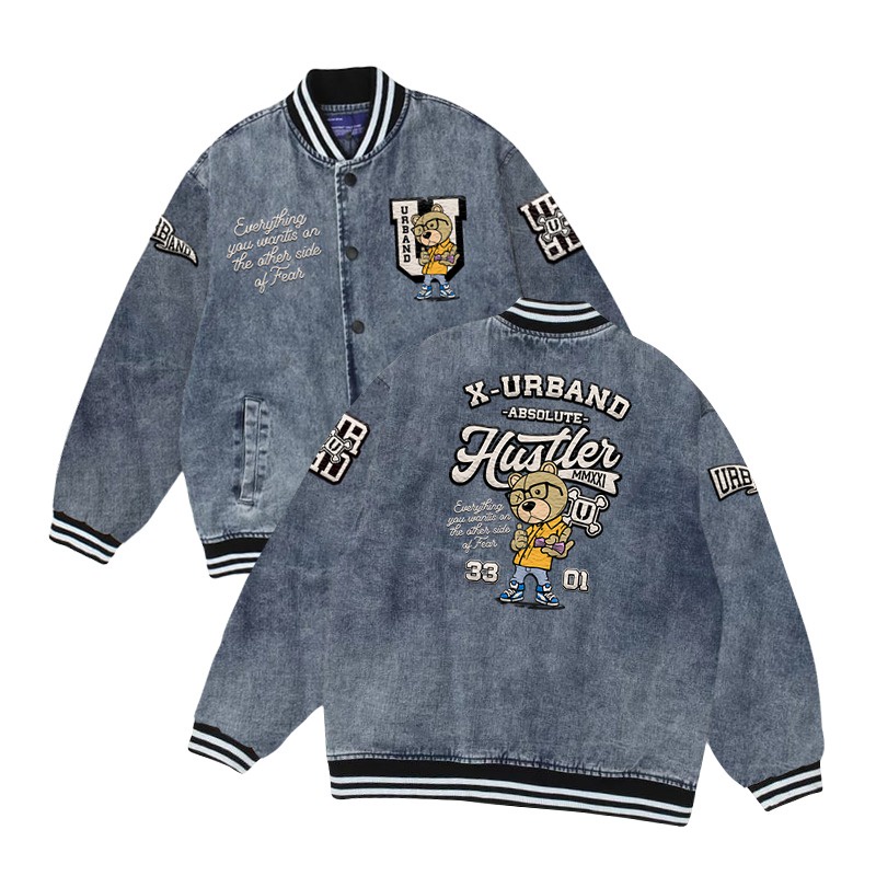 Jaket Varsity Denim Motif Beruang Full Bordir Original Pria Wanita Gaya Stylish Bahan Lembut Alus Su