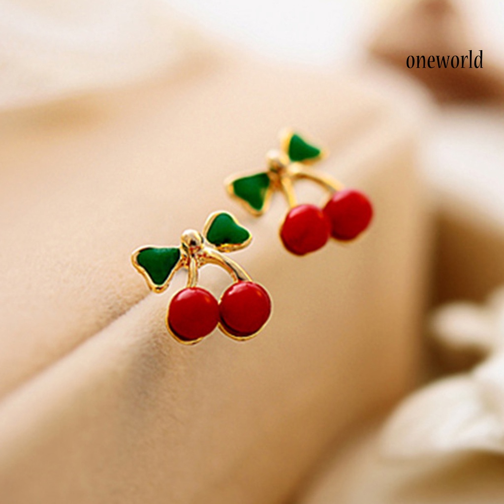 OW# 2Pcs Stud Ear Ring Colorful Decorative Golden Color Cherry Stud Earring for Dressing Room