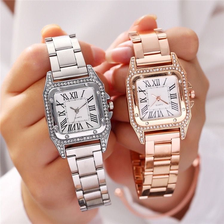 (GROSIRJAYA32) Jam Tangan Wanita Mewah CROCO STAINLESS Steel Analog Dial Kotak Romawi Fashion Korean Style Import