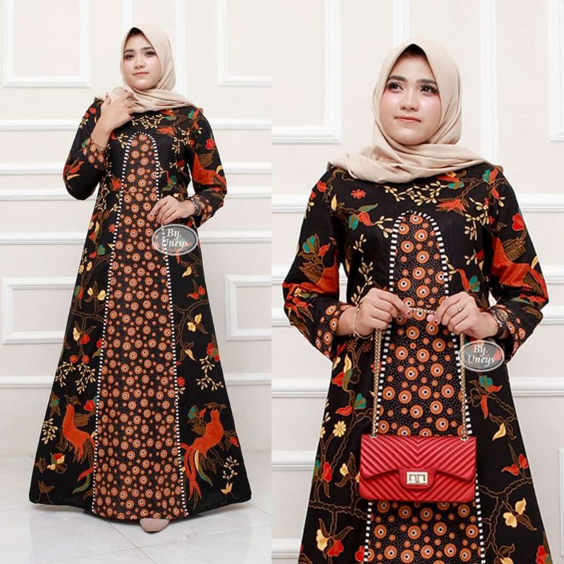 Baju pesta wanita muslimah panjang Gamis katun kombinasi wanita muslim murah cantik lengan panjang motif batik etnik bagus  kondangan kasual kekinian terbaru