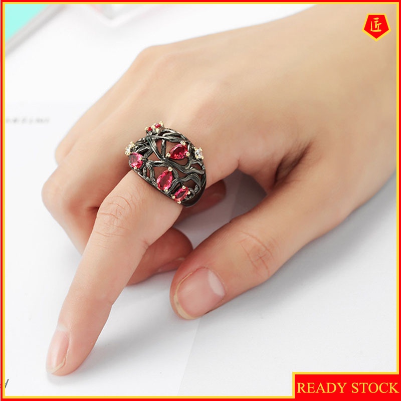 [Ready Stock]Ruby Diamond Black Gold Ring for Women