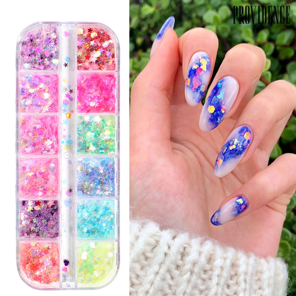 Providence 12 Grids/Box Nail Sequins Easy to Apply DIY Creation Plastic Star Moon Nail Ornament Stickers for Personal Use