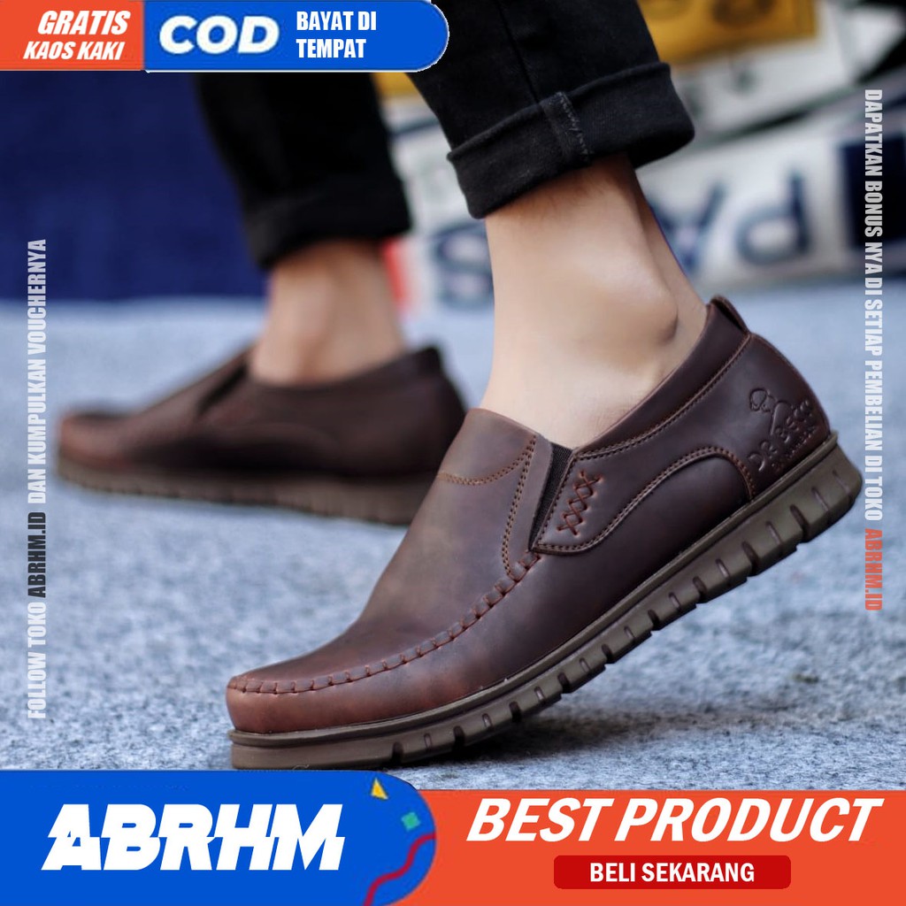 ABRHM x BLENO Sepatu Kasual Pria Sepatu Pria Casual Kulit Pu Ori Sepatu Slop Anti Slip Sepatu Cowo/Cowok Kerja Kantor Semi Formal Kuliah Kondangan Gaya keren Kekinian Murah Terlaris