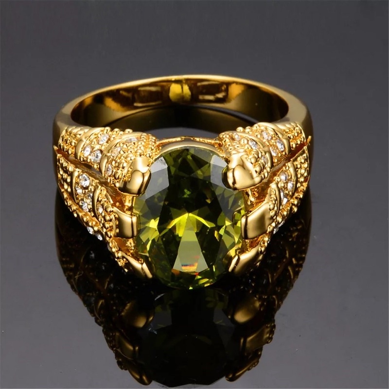 Cincin Pria Wanita Unisex Gold Platted 14K Permata Peridot Hijau Zirconia Mewah