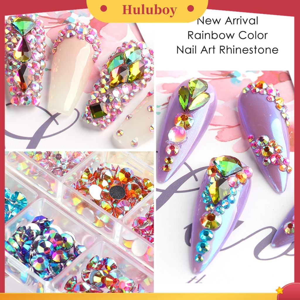 Huluboy Huluboy♡ 6 Grids / Box Berlian Imitasi 3D Warna-Warni Untuk Dekorasi Nail Art