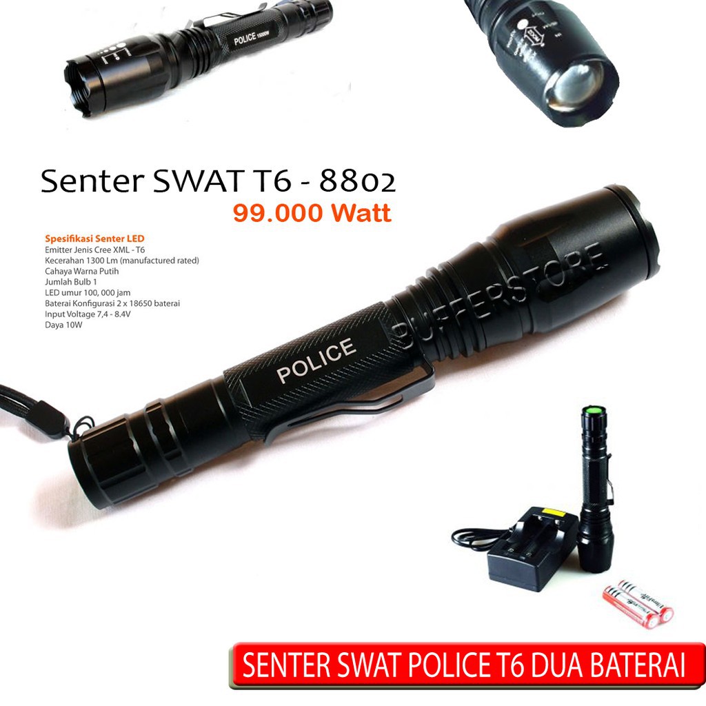 senter led police swat t6 2 baterai lalin 99000 watt