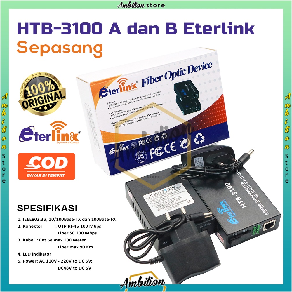 COD - HTB-3100 Media Konverter Fiber Optik Single Mode dengan 5V 2A EU adaptor