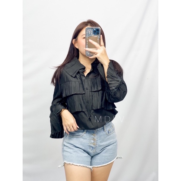 MDLV ~ 2080# marverica pleated shirt Blouse Korea Blouse Premium Blouse Import Atasan Lengan Panjang Kemeja Korean style Fashion import