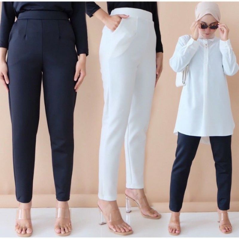 celana slim korean basic pants scuba jumbo putih / celana harem minsol kain scuba