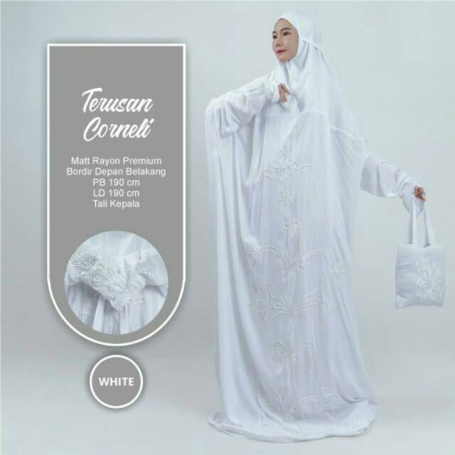 Mukena / rukuh / telekung korneli panjang (mukena putih terusan)