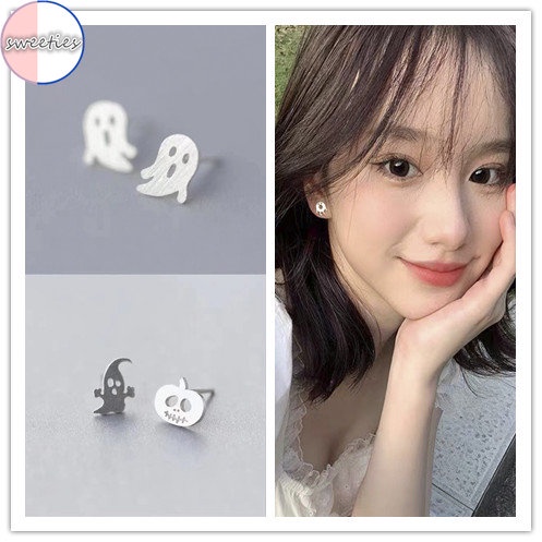 Anting stud mini Desain Hantu Labu halloween Bahan 925 Silver Untuk Wanita