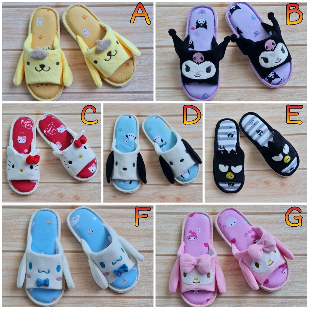 SENDAL RUMAH KUPING ALAS KARET ANTI SLIP MELODY KUROMI (NO 36-37 22 CM) (NO 38-39 23 CM)