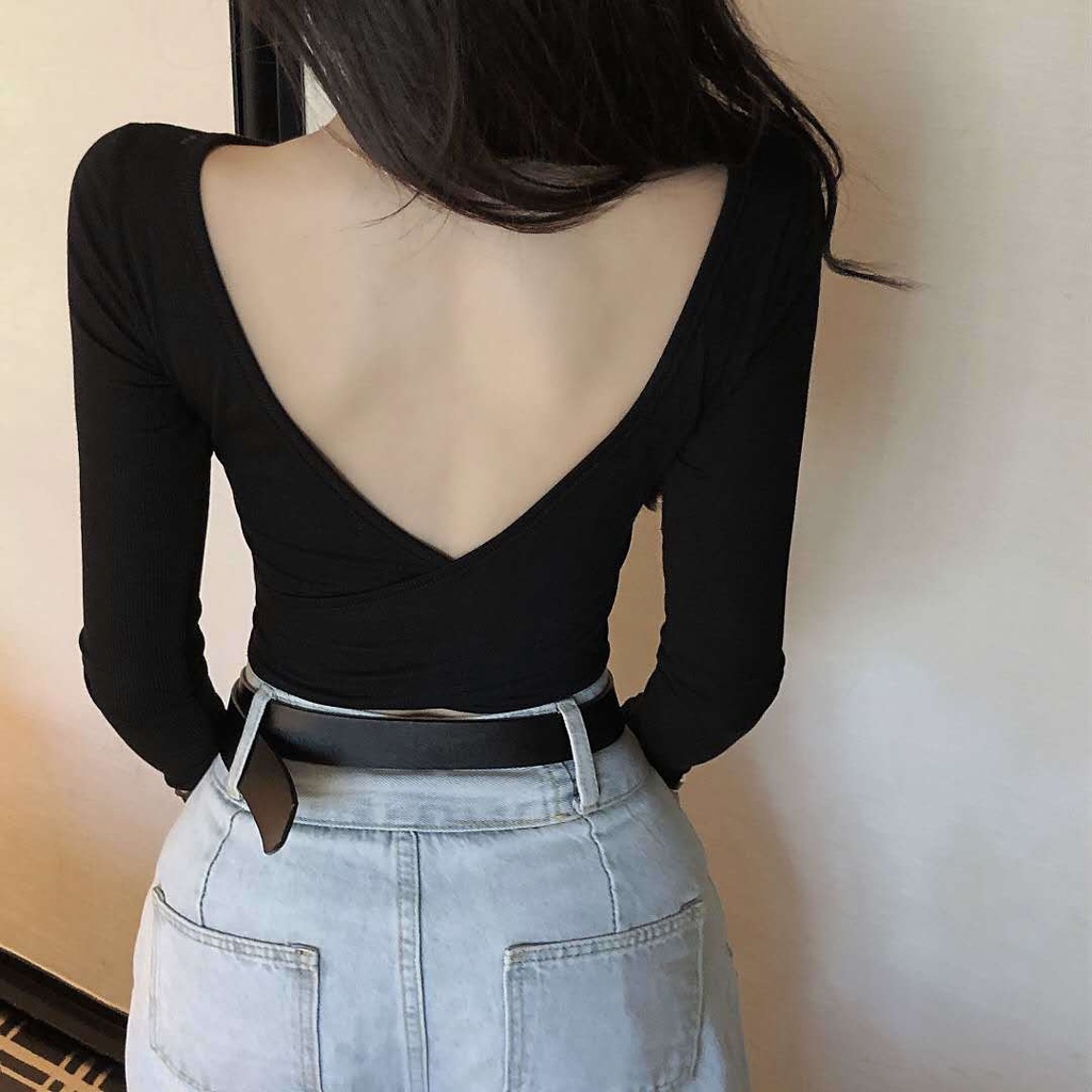 Suhao musim gugur dan musim dingin menunjukkan dada seksi backless dua memakai ketat lengan panjang T-shirt wanita ramping dan ramping pusar pendek dalam V-neck bottoming kemeja