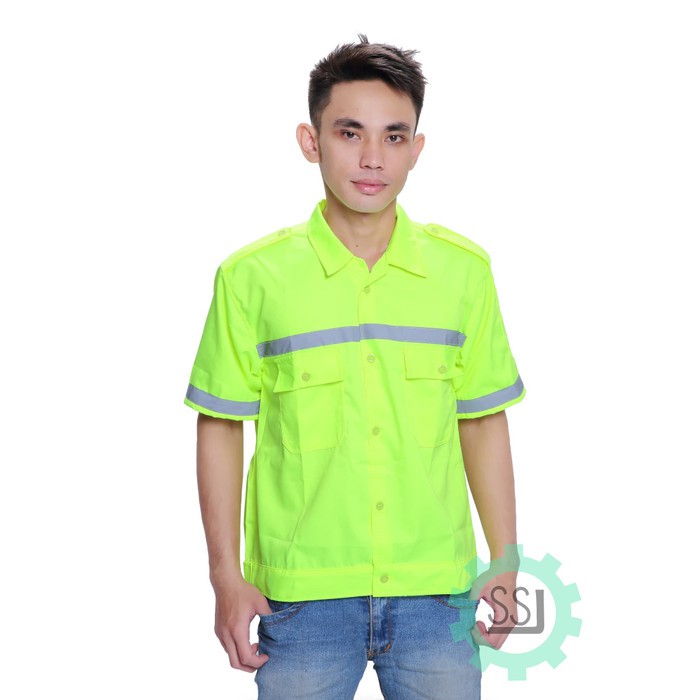 Baju Proyek Lengan Pendek Kemeja Kerja Pria Safety Bahan Drill