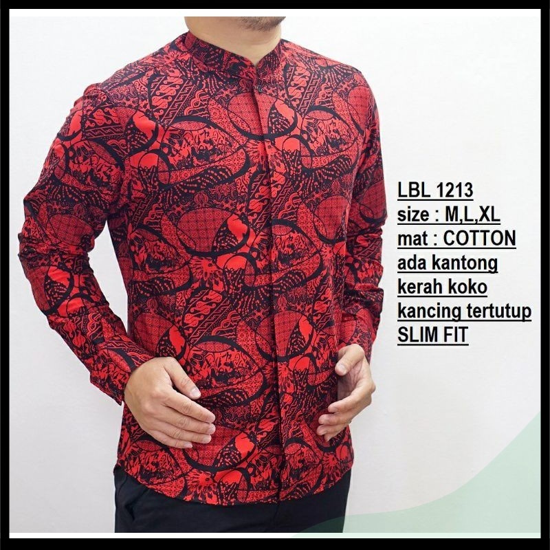 KEMEJA BATIK PRIA SLIM FIT MODERN KEREN HEM BATIK PRIA SLIM FIT IMLEK MERAH SHANGHAI LBL903