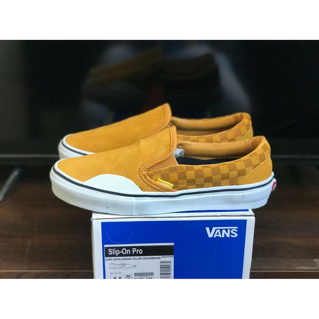vans slip on pro hairy banana yellow checkerboard skate shoes