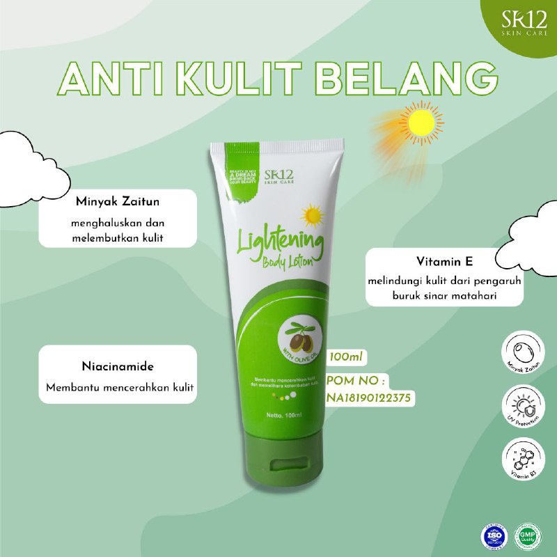 LIGHTENING BODY LOTION SR12 | MELEMBABKAN KULIT | PEMUTIH BADAN | LOTION PENCERAH | ANTI UV | SPF 30+++ BPOM