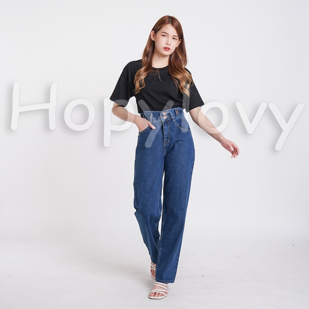 HOPYLOVY Celana High Waist Jeans | Celana Boyfriend Jeans | Celana Panjang Wanita Jeans Boyfriend Double Button BF Harvey