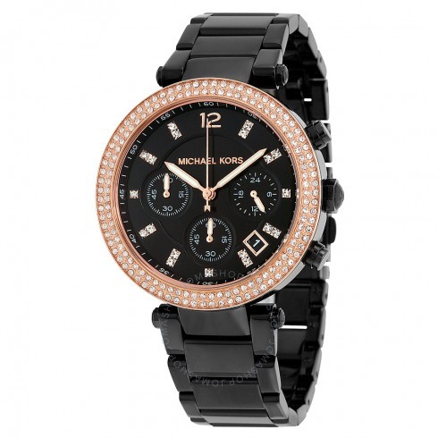 Jam Tangan Wanita MK5885 Chronograph Stainless Steel Black Gold