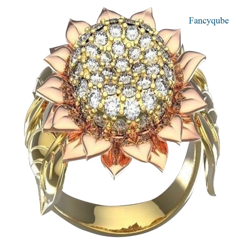 Fancyqube Cincin 925 Sterling Silver Lapis Emas 18k Bentuk Bunga Matahari Aksen Berlian Untuk Wanita